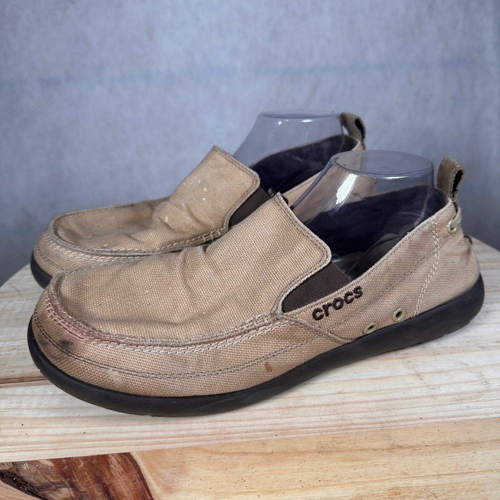Crocs Santa Cruz Loafers Mens Size 12 Tan Canvas Slip On Shoes 11270 Good